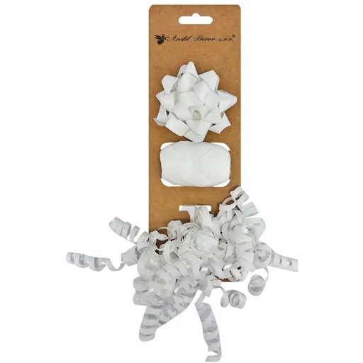 Anděl Přerov Sada na balení dárků bílá, rozeta 7 x 3,5 x 7 cm, stuha 0,5 cm x 10 m, kudrlina s lepíkem