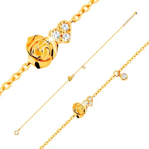 Náramek ze žlutého 14K zlata - růžička a čiré zirkonové srdce, 185 mm