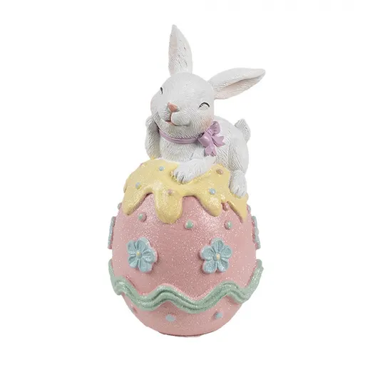 Dekorace králík s mašlí na růžovém vajíčku s květy - 9*9*17 cm Clayre & Eef