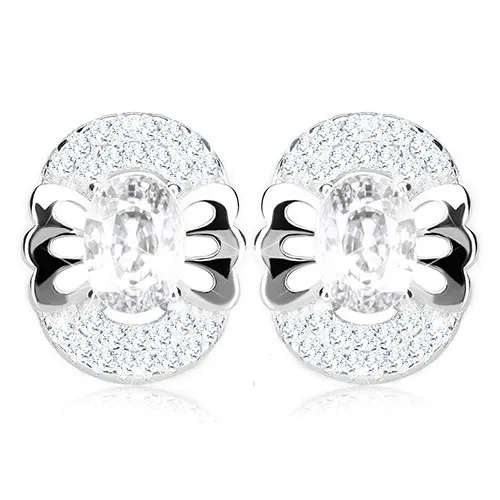 Stříbrné 925 náušnice, zirkonový ovál, podoba motýla, dvojitý lem