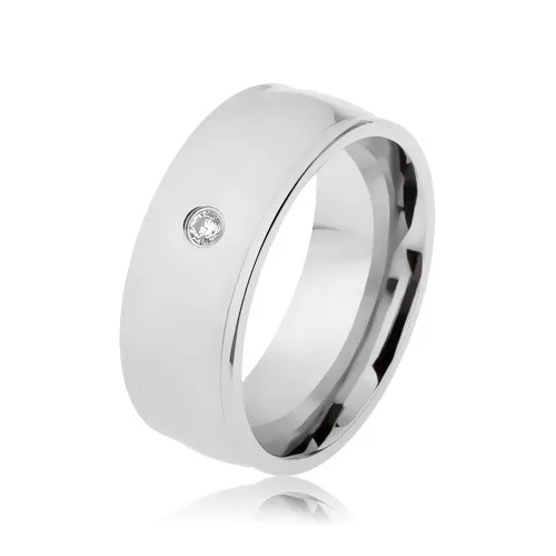 Prsten z oceli 316L, stříbrná barva, lesk, vyvýšené okraje, čirý zirkon - Velikost: 67