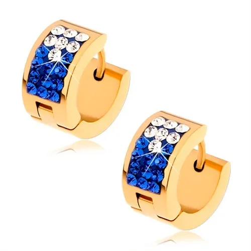 Náušnice zlaté barvy, chirurgická ocel, čiré a tmavomodré zirkony
