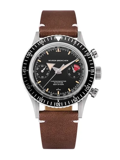 Nivada Grenchen Chronomaster Broad Arrow - Inter. Bezel - Manual - Brown Leather White Stitching