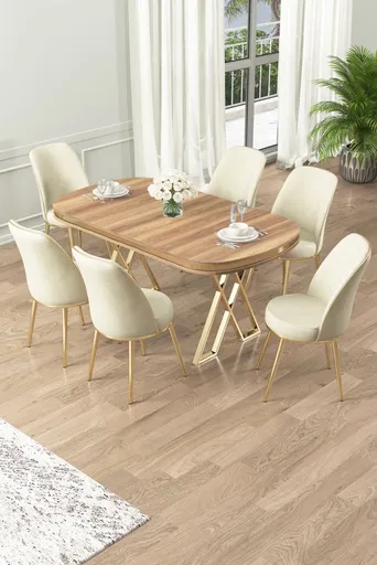 Dining Table & Chairs Set (7 Pieces) Lai - Light Walnut, Gold, Cream