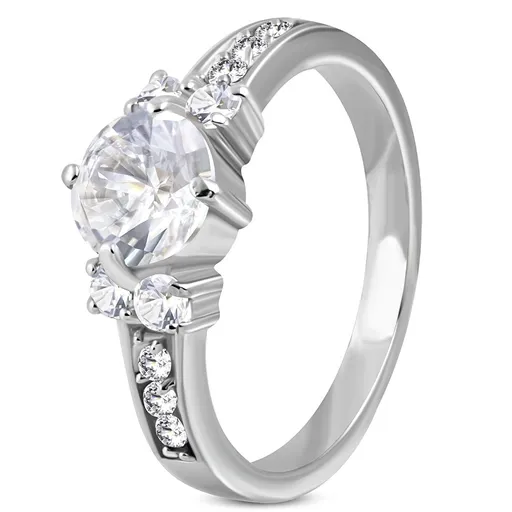 Zásnubní prsten z oceli 316L - jeden velký zirkon uprostřed, menší po stranách - Velikost: 59