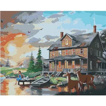 Zuty - Malování podle čísel - JELEN A LAŇ U JEZÍRKA PŘED DOMEM (D. RUSTY RUST), 80x100 cm, vypnuté p (HRAmmb03113nad)