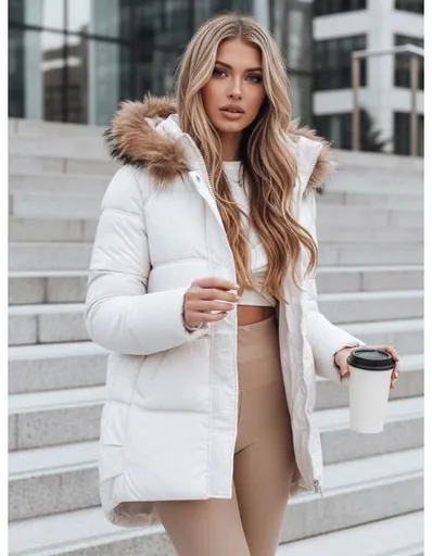 Dámská zimní prošívaná bunda s kapucí, světle béžová