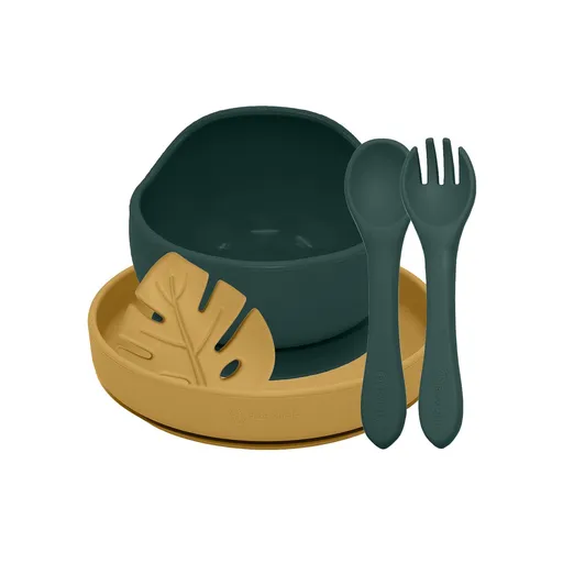 Petite&Mars Set jídelní silikonový TAKE&MATCH 4 ks Misty Green - Intense Ochre 6m+