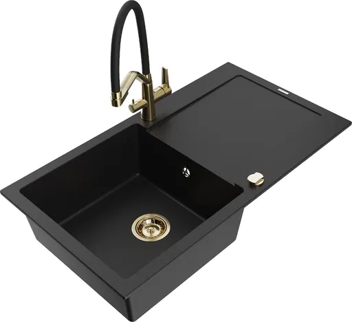 MEXEN/S Leo granitový dřez 1-miska s odkapávačem včetně baterie Duo, černá 6501-77-671701-57-G