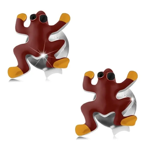 Puzetové náušnice, stříbro 925, červenožlutá žabka s černýma očima