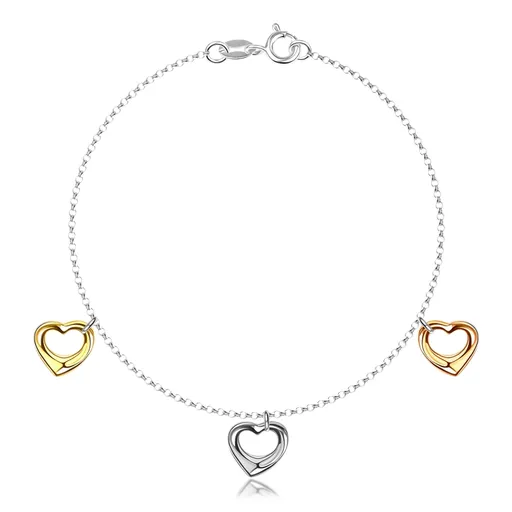 Náramek na ruku ze stříbra 925 se třemi barevnými srdíčky