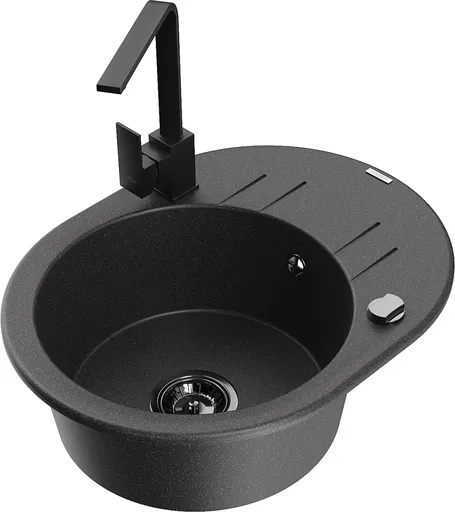 MEXEN/S Kevin granitový dřez s odkapávačem včetně baterie Rita, černá kropenatá 6517-76-670300-70-B