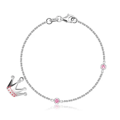 Dětský náramek ze stříbra 925 - koruna s nápisem "Princess", růžové zirkony