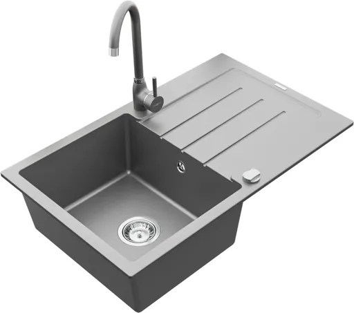 MEXEN/S Bruno granitový dřez 1 s odkapávačem včetně baterie Telma, šedá 6513-71-670200-71
