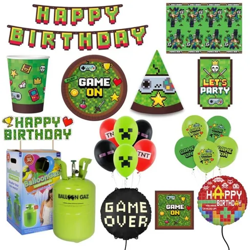 Dětská narozeninová sada Minecraft - Pixel s balónky a heliem - 10 osob - VYPRODEJ