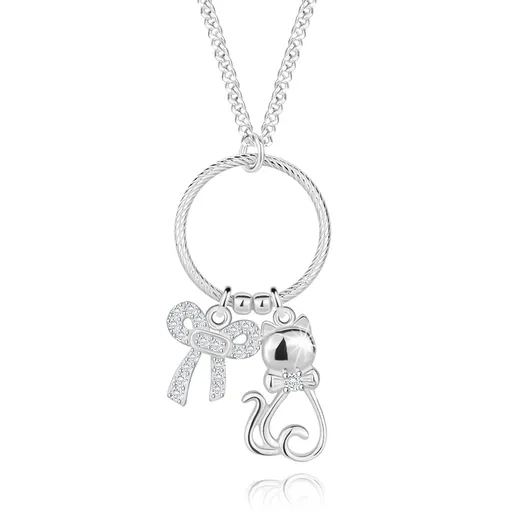 Náhrdelník ze stříbra 925 - obrys kočky, mašlička, kroužek se zářezy, čiré zirkony