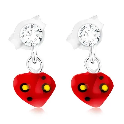 Puzetové stříbrné 925 náušnice s červeným puntíkovaným srdíčkem, krystal