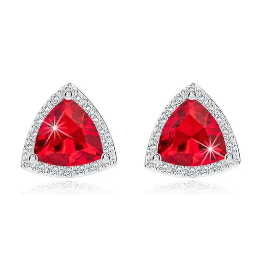 Stříbrné náušnice 925, broušený růžový zirkon, zaoblený trojúhelník, zirkonová linie