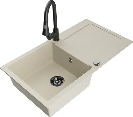 MEXEN/S Leo granitový dřez 1-miska s odkapávačem včetně baterie Elia, béžová 6501-69-670101-70