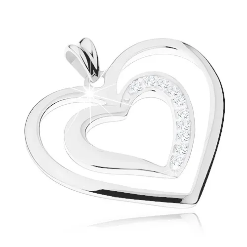 Rhodiovaný přívěsek ze stříbra 925, dva srdcovité obrysy, čiré zirkonky