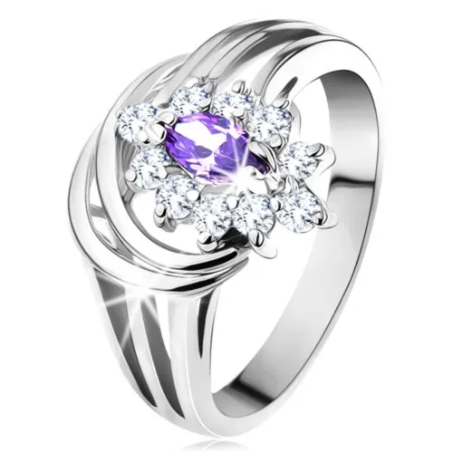 Třpytivý prsten, zirkony v ametystovém a čirém odstínu, rozdělená ramena - Velikost: 48