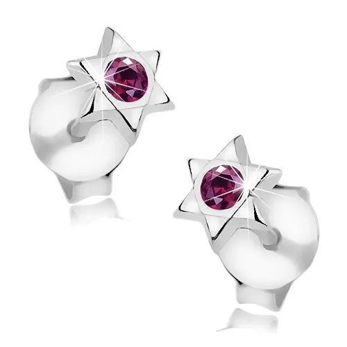 Puzetové náušnice, stříbro 925, Davidova hvězda s fialovým krystalem