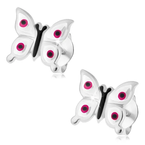 Náušnice ze stříbra 925, lesklí bílí motýlci - růžové a černé tečky