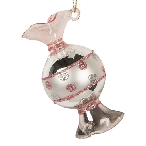 Růžovo-stříbrná skleněná vánoční ozdoba bonbón - Ø 4*8 cm 6GL5276