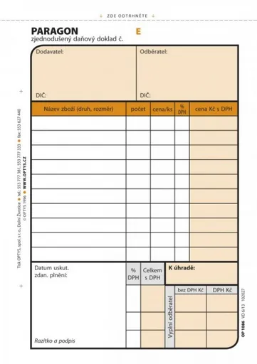 Tiskopis Paragon daňový doklad A6 samopropis číslovaný 2x50 listů OPTYS