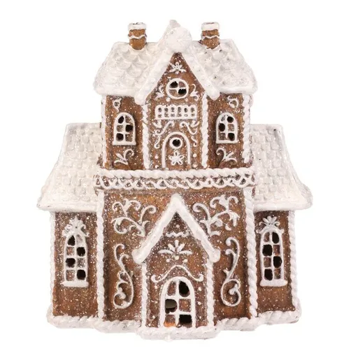 Vánoční dekorace Perníkový domek s věžičkou, polyresin, LED, hnědá