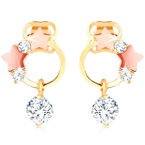 Zlaté náušnice 585 - tenký kroužek, hvězdičky z růžového zlata, čiré zirkony