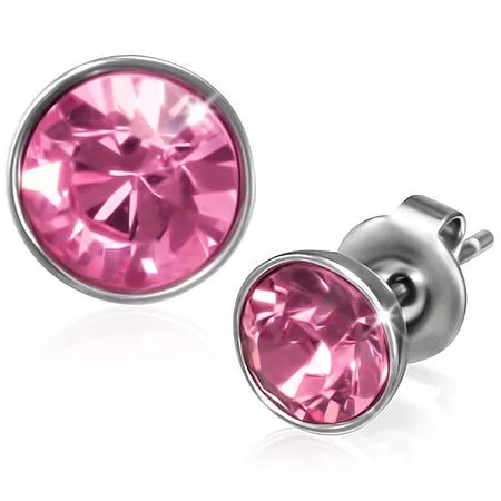 Puzetové náušnice z chirurgické oceli - růžový kulatý zirkon