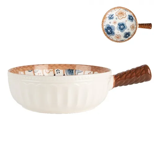 Bílá keramická miska s modrými květy a rukojetí - 22*16*6 cm / 500 ml 6CE2171