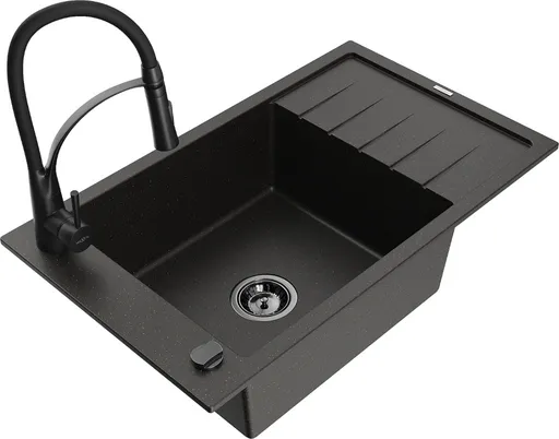 MEXEN/S Elias granitový dřez 1 s odkapávačem včetně baterie Aster, černá/zlatá metalik 6511-75-73450-70-B