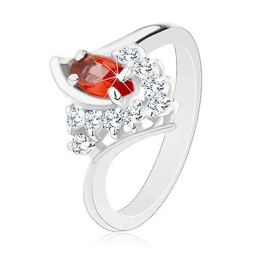 Prsten se zahnutými rameny, oranžové zrnko, čiré zirkonky - Velikost: 49