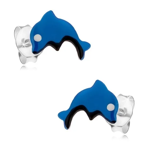 Stříbrné 925 náušnice, tmavomodrý delfín, bílé očko, černé bříško