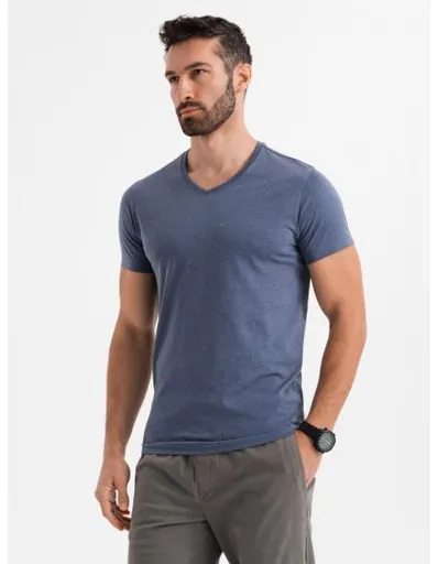 Pánské klasické bavlněné tričko BASIC s výstřihem do V – modrá melírovaná V18 OM-TSBS-0237