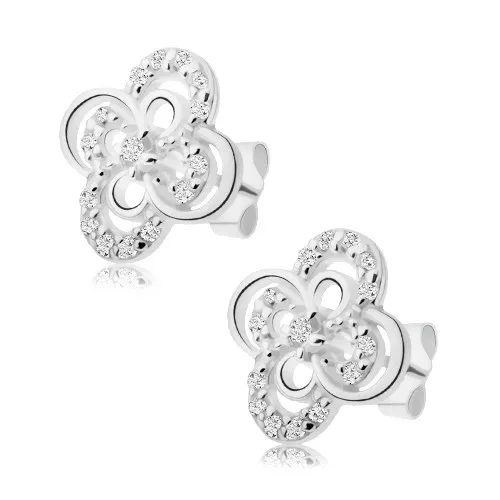 Náušnice ze stříbra 925, kvítek s lesklými a zirkonovými obrysy okvětních lístků