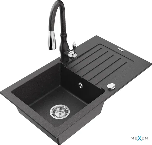 MEXEN/S Pablo granitový dřez 1 s odkapávačem včetně baterie Savita, černá kropenatá 6510-76-672601-76