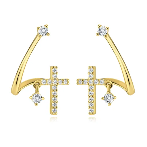 Zlaté náušnice 585 - lesklá zahnutá linie, třpytivý křížek a čiré zirkony