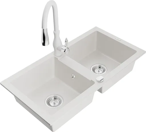 MEXEN/S Mario granitový dřez 2-bowly včetně baterie Savita, bílá 6504-20-672601-20