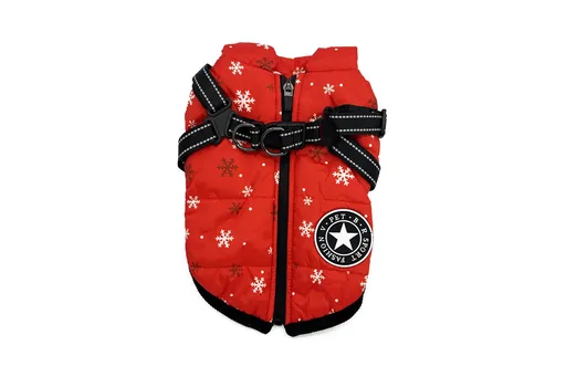 Vsepropejska Achar zimní bunda pro psa s postrojem Barva: Červené-vločky, Délka zad (cm): 49, Obvod hrudníku: 64 - 68 cm