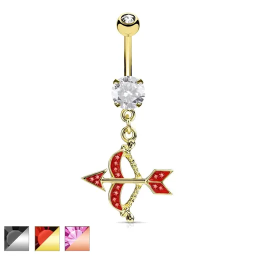 Ocelový piercing do pupíku, luk a šíp zdobený barevnými zirkony - Barva piercing: Měděná