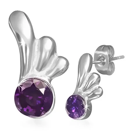 Ocelové náušnice - puzetky s fialovým očkem a křídlem anděla