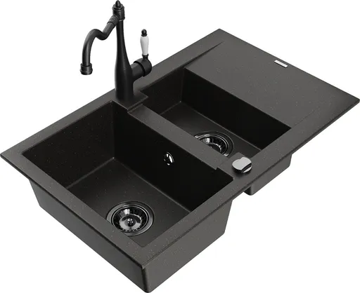 MEXEN/S Gaspar granitový dřez 1.5 s odkapávačem včetně baterie Carla černá/zlatá metalik 6507-75-670700-70-B