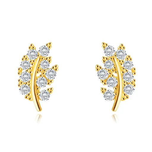 Puzetové 14K náušnice - lístek vykládaný třpytivými kulatými čirými zirkony