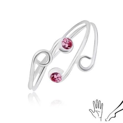 Stříbrný prsten 925 na ruku nebo nohu, rozvětvená ramena s růžovými zirkony