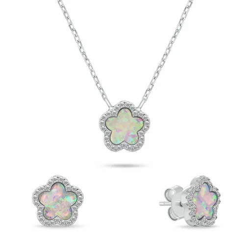 Brilio Silver Půvabný set šperků s opály a zirkony Květiny SET289WP (náhrdelník, náušnice)