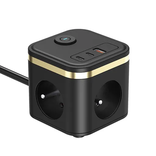Síťový adaptér VIKING YC33, černá/Output:3xAC, 1xUSB-A,2xUSB-C/Tlačítko ON/OFF/1,4m kabel