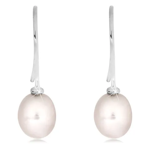 Náušnice z bílého 14K zlata - bílá oválná perla na háčku